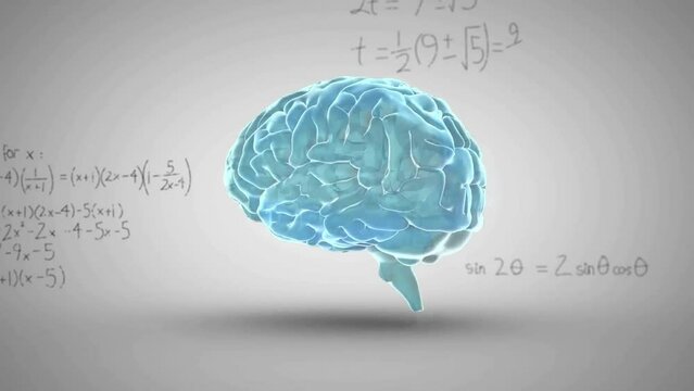 Animation of mathematical data processing over human brain on grey background