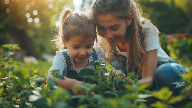 Cute child girl helps her mother to care for plants. Mother and her daughter engaged in gardening in the backyard. Spring concept, nature and care.