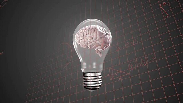Animation of mathematical data processing over human brain in lightbulb