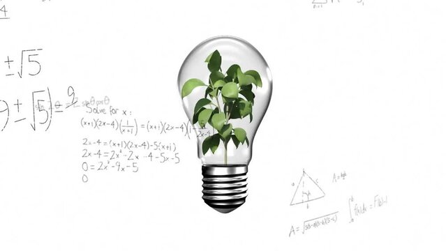 Animation of mathematical data processing over plant growing in lightbulb
