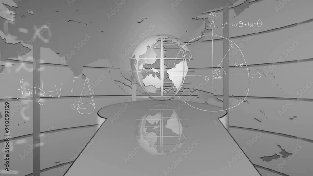 Poster animation of mathematical data processing over globe on grey background
