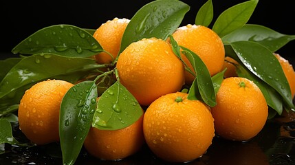portrait of fresh orange fruit with a few leaves combined with splashes of clear water on a dark background