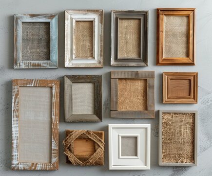 A collection of empty picture frames with varying textures and materials is carefully arranged in an overhead flat lay setup.