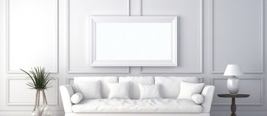 A modern living room featuring a white couch and a picture frame hanging on the wall. The room is spacious, bright, and stylish, with a minimalist design aesthetic.