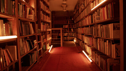 Night library with flashing lights. Stock footage. Corridor with bookshelves in night library. Flashing lights in aisle between bookshelves of night library