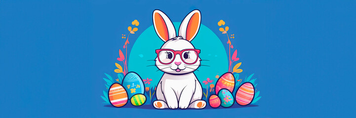 Easter greeting card. Cute rabbit and colored easter eggs on blue background. Bunny wearing glasses. Watercolor hand drawn style