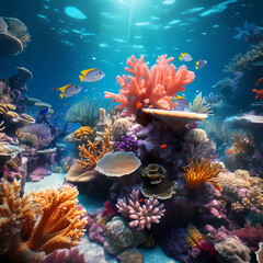 Fototapeta na wymiar A vibrant coral reef with diverse marine life.