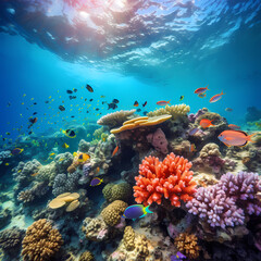 Naklejka na ściany i meble A vibrant coral reef with diverse marine life.