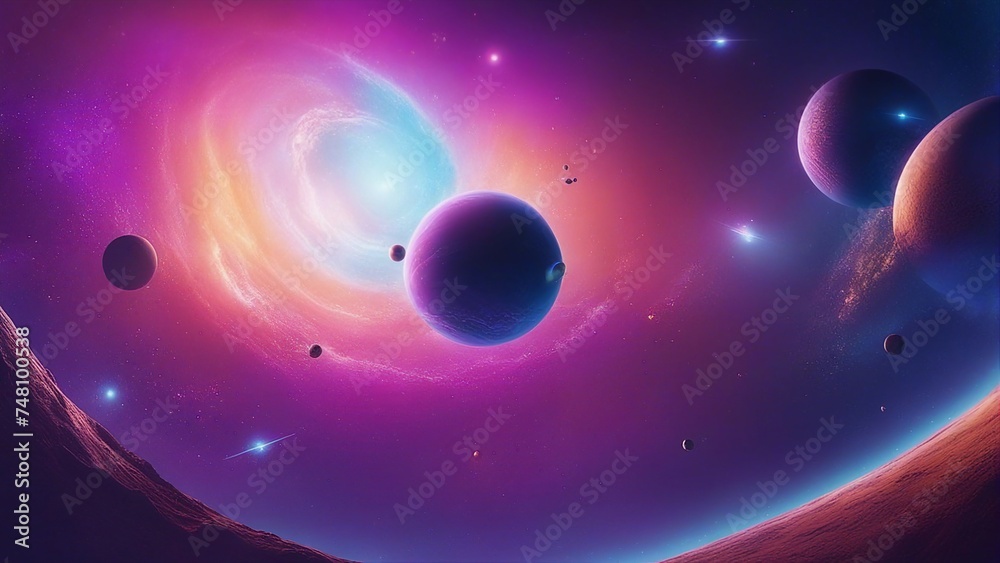 Wall mural planet in space _a abstract space planet with a purple surface and a blue sky. the planet has some s