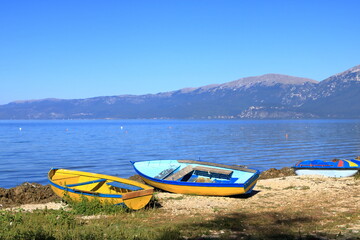 view of Lake Ohrid with fisherman boats near Pogradec, Albania