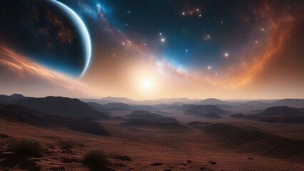 sunrise in space _An outer space view of an alien planet and a blue nebula.  