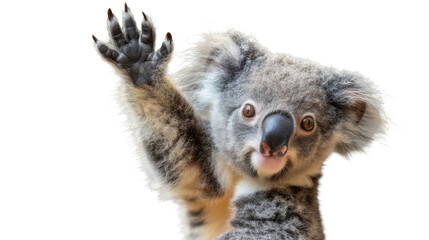 A charming koala seems to wave its hand in a friendly gesture, against a stark white backdrop, showcasing its unique features