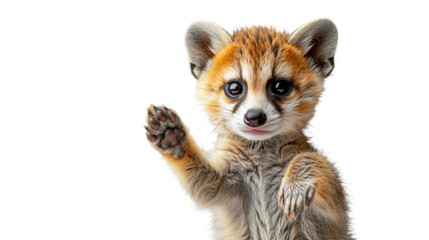 An adorable tiger cub with striking fur patterns waves with a paw, giving a human-like gesture