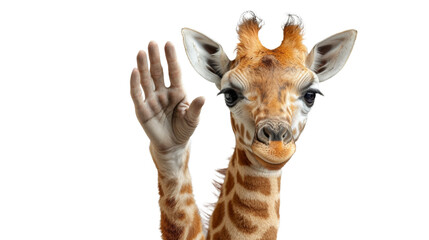 A giraffe is depicted with a human hand instead of a hoof, in a surreal, playful image