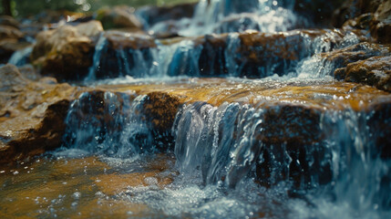 Closeup of intricate patterns formed by the waters constant flow over a series of cascading rocks showcasing the power and beauty of nature.