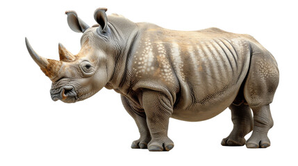 An impressive full-body shot of a single rhinoceros showcased with immense detail and realism, isolated on a white backdrop