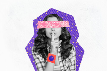 Creative photo collage image young woman show silence gesture cutout eyes no vision sight...