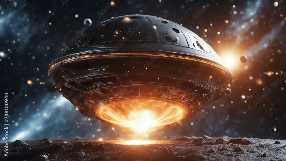 Wall mural spaceship in space near black hole, with exploding star, digital render of an alien bubble space shi