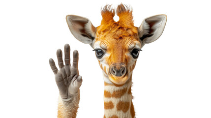 The young giraffe with human hands making a peace sign, symbolizing hope and conservation efforts