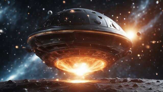 spaceship in space  near black hole, with exploding star,  digital render of an alien bubble space ship 