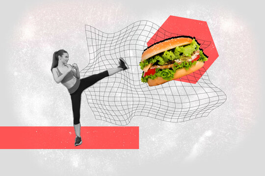 Creative collage young sportive girl boxer practice exercise strike leg punch refuse eat junk fastfood burger calories diet unhealthy meal