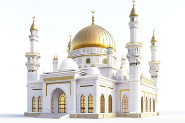 Fototapeta na wymiar 3d mosque with golden dome isolated on white background. ramadan kareem holiday celebration concept