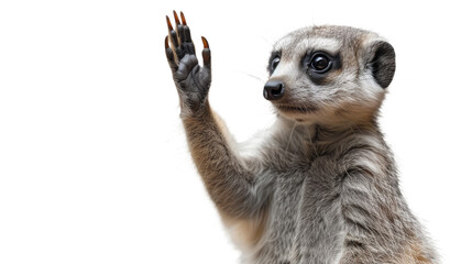 An adorable Meerkat standing upright with its paw raised as if waving or interacting, against a white backdrop