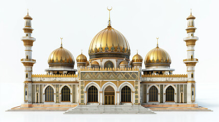 Fototapeta na wymiar 3d mosque with golden dome isolated on white background. ramadan kareem holiday celebration concept