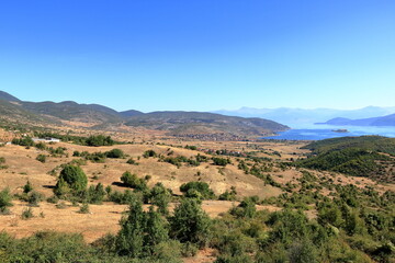 Albania- Prespa National Park- Lake Prespa with Maligrad Island - Greece and Macedonia in the...