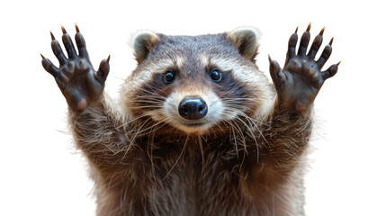 An inquisitive raccoon standing on hind legs with front paws up as if being caught or surrendering,...