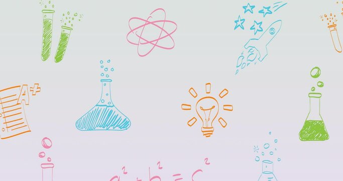 Animation of colourful science and learning icons on white background