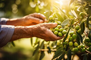 Naklejka na ściany i meble Olive harvest. Hands of a male farmer picking green olives from a tree branch close-up at sunset in the garden. Growing organic healthy olives, ingredient for making olive oil
