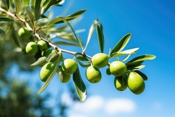Fototapeta premium Green olives on tree branch close-up against blue sky. Olive harvest season, healthy organic food, growing to make olive oil