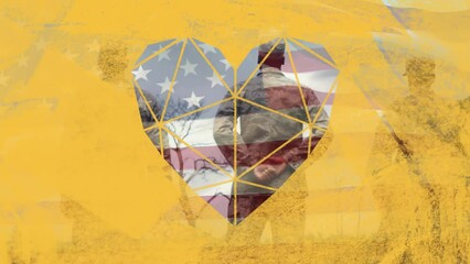 Animation of diamond heart and yellow texture over american flag and diverse male soldiers - Powered by Adobe