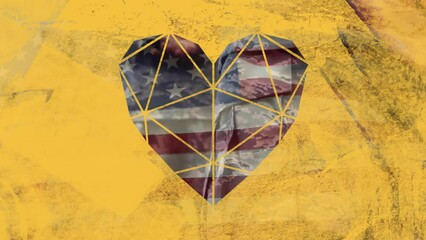 Animation of diamond heart and yellow texture over american flag and diverse male soldiers - Powered by Adobe