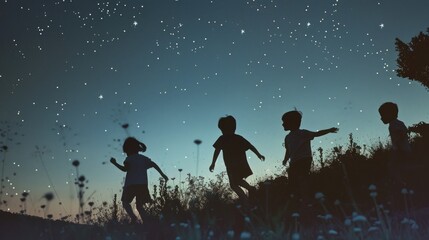 Children watch starry sky. Kids silhouettes against stars background. Child play on hill at beautiful night while camping. Happy carefree childhood concept. Majestic glowing starlight. Fun adventure.