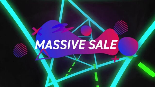 Animation of massive sale text over retro vibrant pattern background