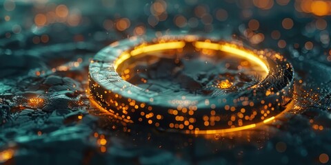 Glowing futuristic circle with orange lights on a wet surface, suggesting advanced technology or sci-fi theme.