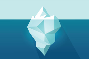 Iceberg vector floating on sea ocean water graphic illustration, glacier tip and underwater part flat cartoon design, large ice rock mountain geometric polygon style image clipart modern