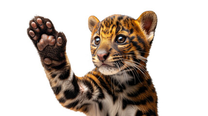 Striking image of a tiger cub standing up with a human hand, showcasing innocence in a human-like gesture