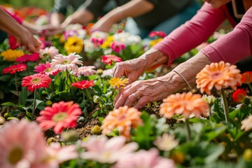 Obraz premium Senior Adults Participating in Community Gardening Activity Planting Flowers Together