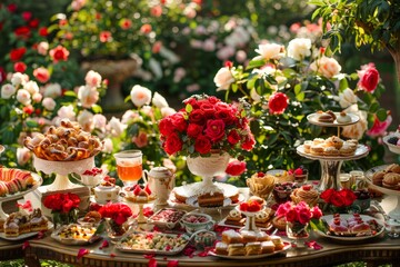 Fototapeta na wymiar Elegant Outdoor Garden Party Setup with Floral Arrangements and Assorted Pastries on a Sunny Day