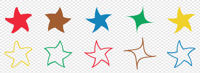 Obraz premium Minimal y2k star shapes. Set of 10 minimal colourful icons. Bauhaus inspired design elements. Futuristic composition in vector. Vector illustration&nbsp;in&nbsp;eps&nbsp;10.