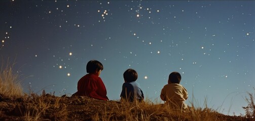 Children watch starry sky. Kids silhouettes against stars background. Child play on hill at...