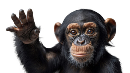 A digital composite of a chimpanzee with a human-like hand, invoking a surreal and playful theme