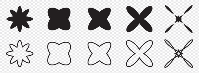 Minimal y2k star shapes. Set of 10 minimal icons in black and stock colors. Bauhaus inspired design elements. Futuristic composition in vector. Vector illustration in eps 10.