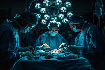 This is medical photograph of three surgeons performing operation on patient, taken in darkly lit operating room. For scientific and clinical use and conveys sense of seriousness and professionalism. - obrazy, fototapety, plakaty