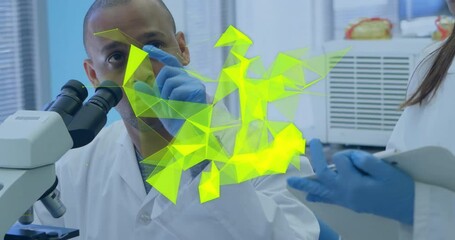 Animation of glowing light trails over diverse scientists in laboratory - Powered by Adobe