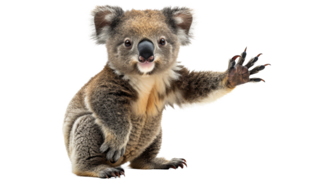 A koala bear, Phascolarctos cinereus, on a white background, holding a sign covering its face, which is blurred, creating space for text or logos