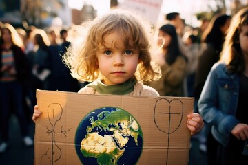 A young activist, a little boy, holds a cardboard sign with a colorful drawing of the Earth and plants during a protest or rally for the environment. The sign expresses their love and care for our pla - obrazy, fototapety, plakaty